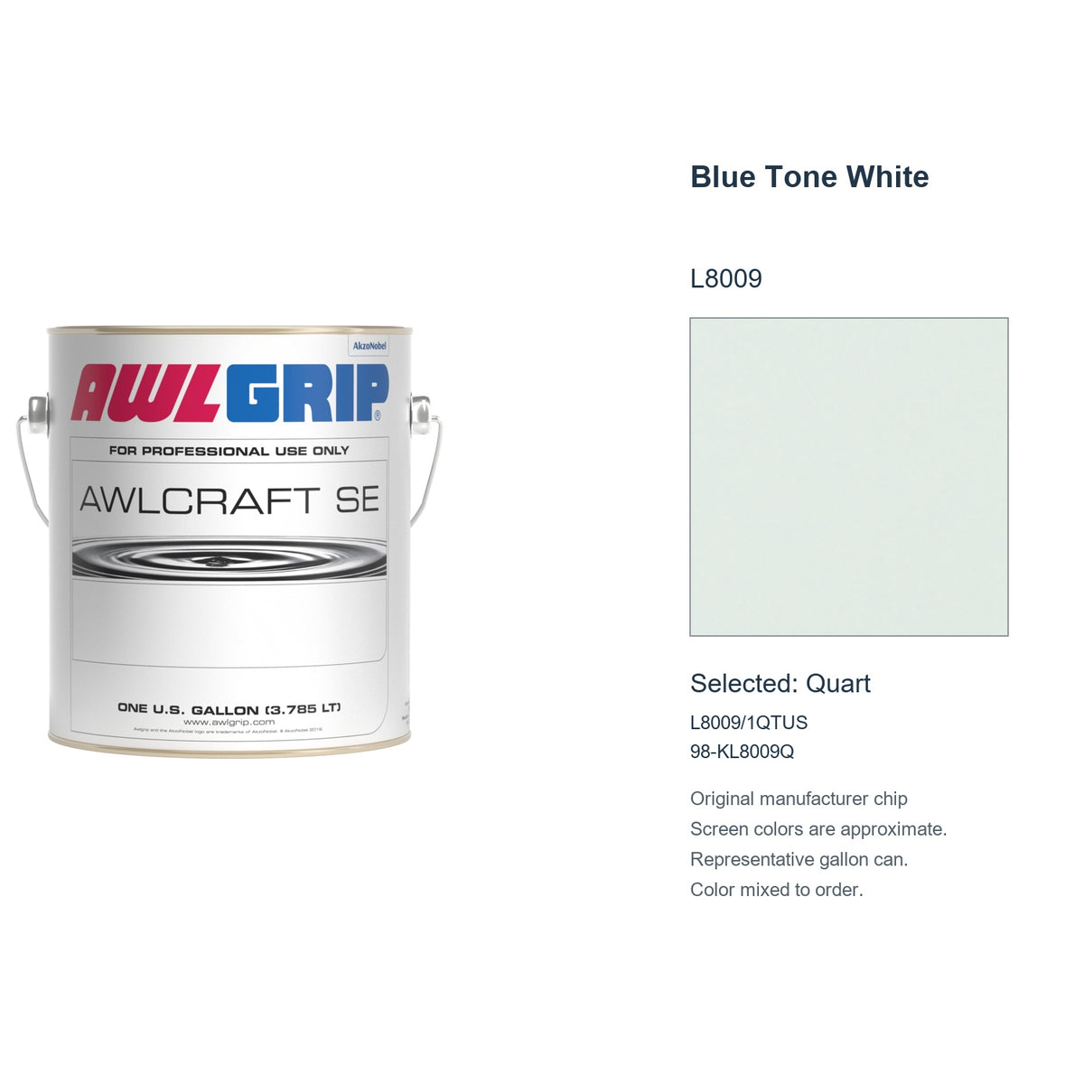 Awlgrip Awlcraft SE Blue Tone White L8009, selected Quart, L8009/1QTUS: original manufacturer chip with representative gallon can