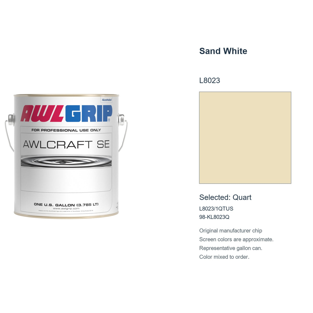 Awlgrip Awlcraft SE Sand White L8023, selected Quart, L8023/1QTUS: original manufacturer chip with representative gallon can