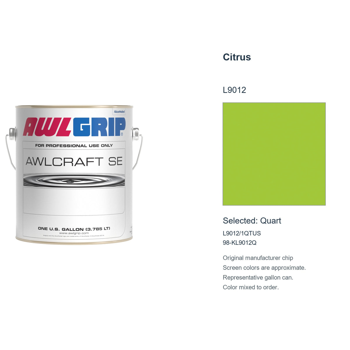 Awlgrip Awlcraft SE Citrus L9012, selected Quart, L9012/1QTUS: original manufacturer chip with representative gallon can