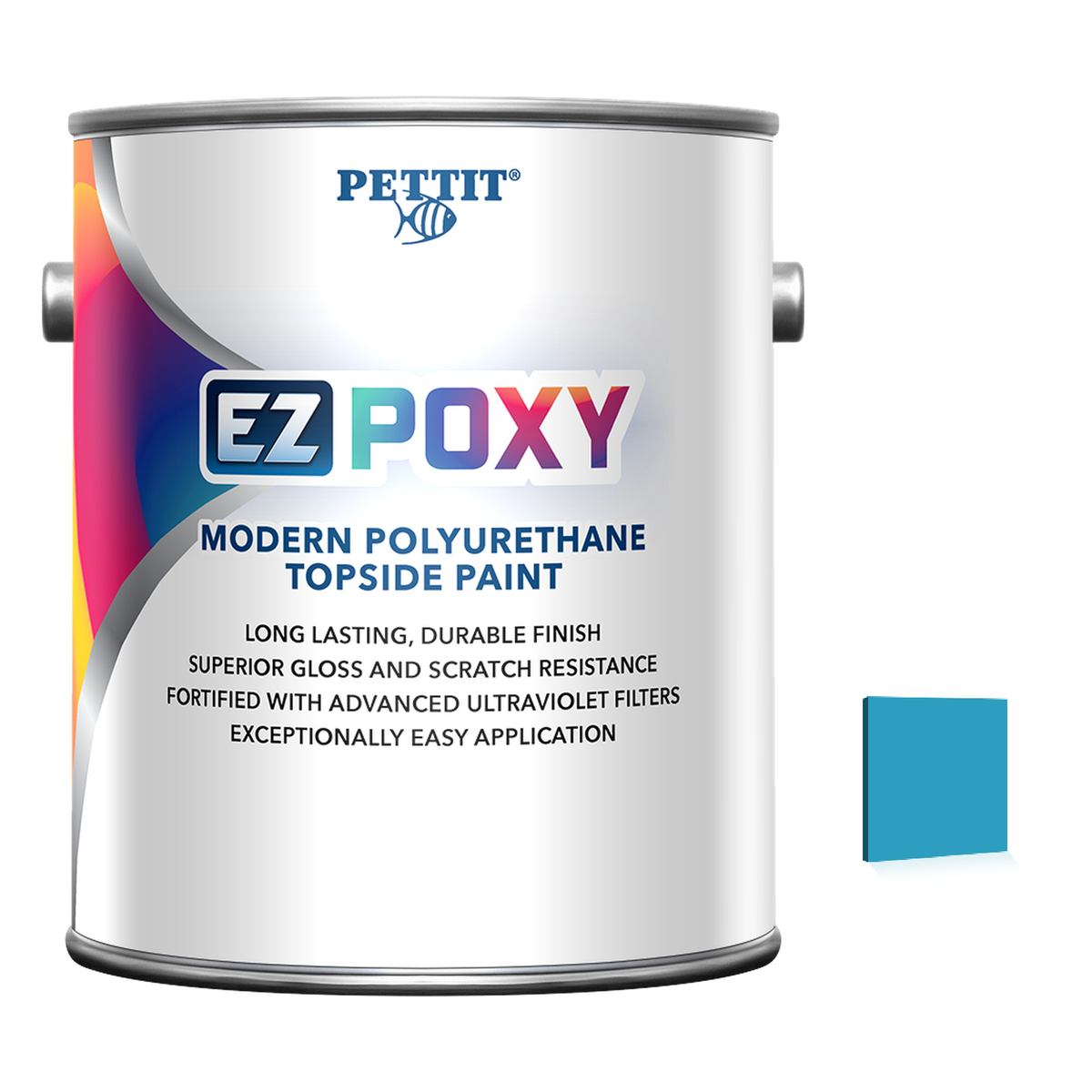 Pettit EZ-Poxy packaging with official Bikini Blue color swatch