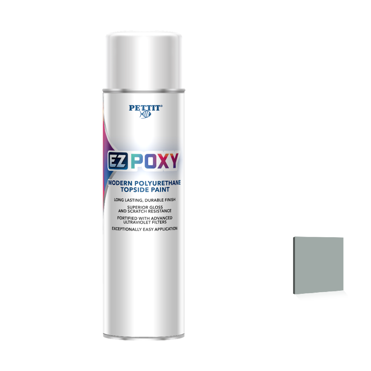 Pettit EZ-Poxy packaging with official Platinum Gray color swatch