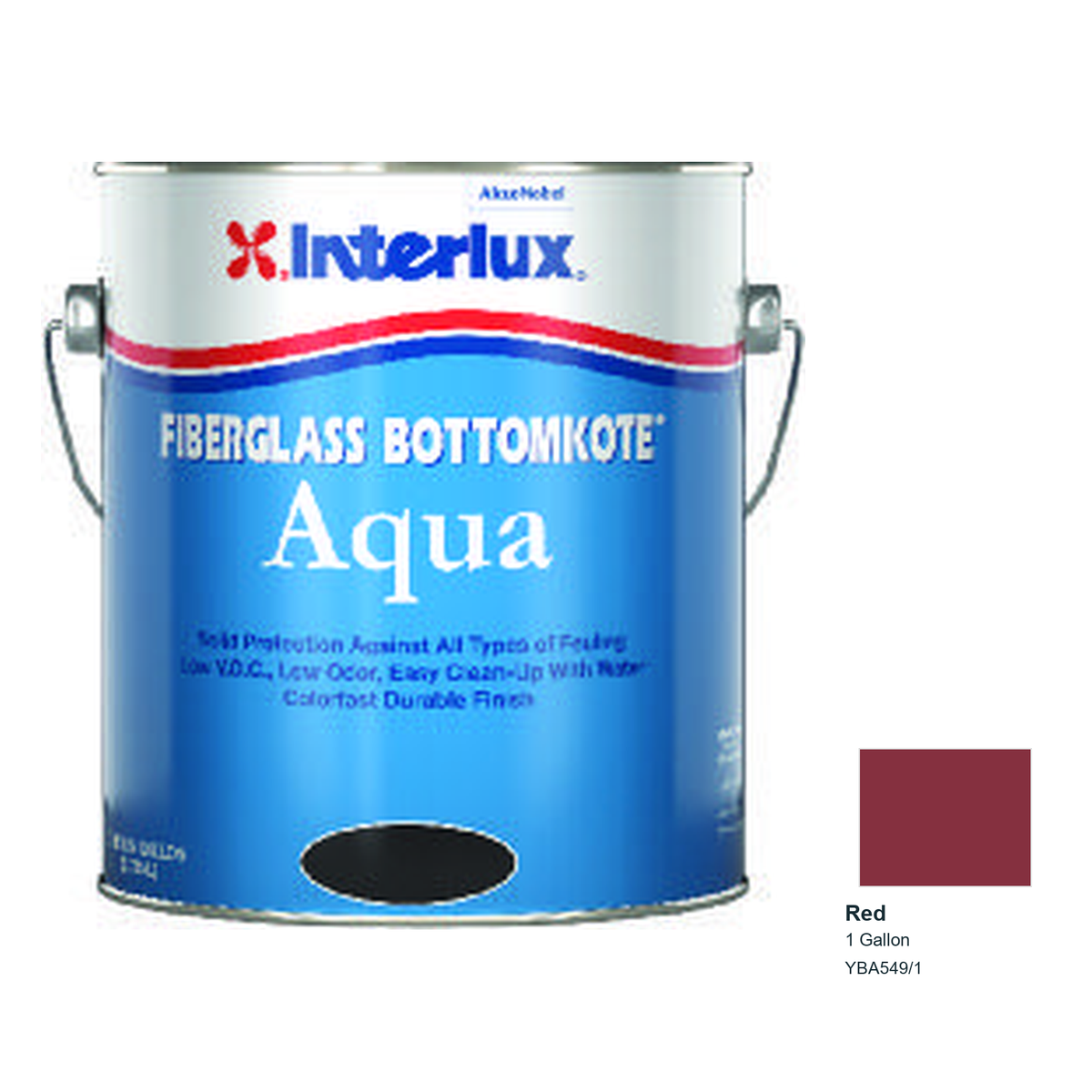 Interlux Fiberglass Bottomkote Aqua Antifouling Bottom Paint — Red — 1 Gallon — YBA549/1; manufacturer can illustration with original manufacturer color swatch