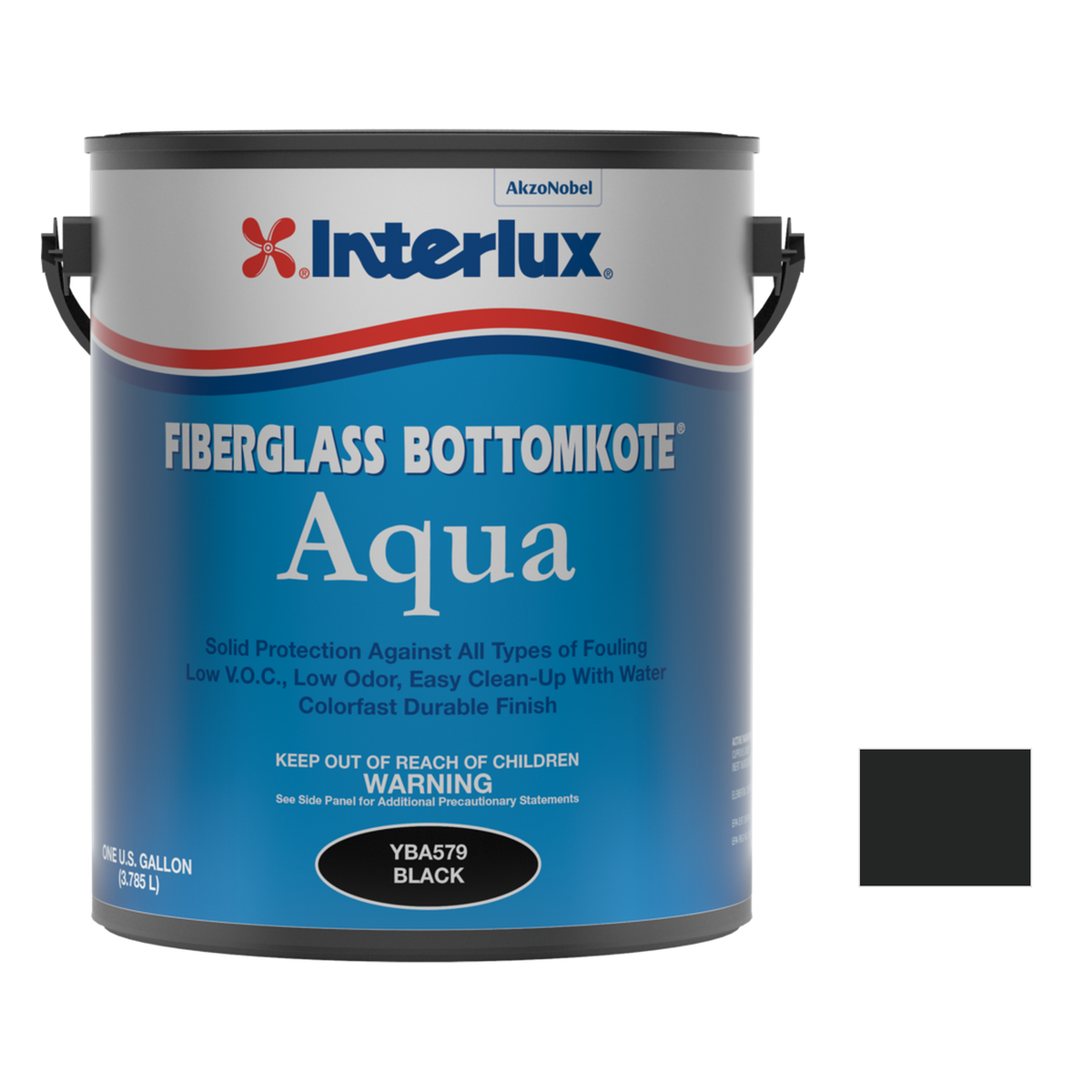 Interlux fiberglass bottomkote r aqua representative 1 Gallon packaging with manufacturer YBA579 Black swatch