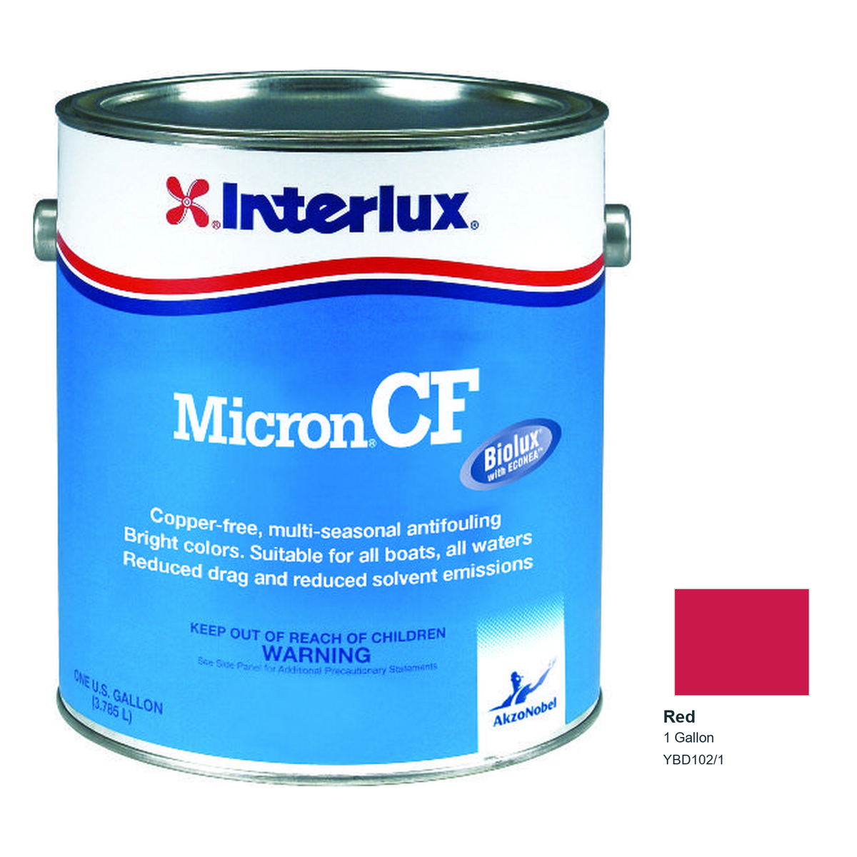 Interlux Micron CF Antifouling Bottom Paint — Red — 1 Gallon — YBD102/1; manufacturer can illustration with original manufacturer color swatch