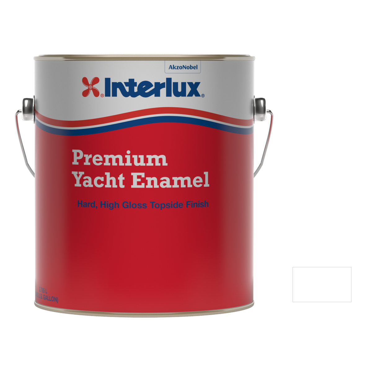 Interlux premium yacht enamel representative 1 Gallon packaging with manufacturer Y1 High Gloss White swatch