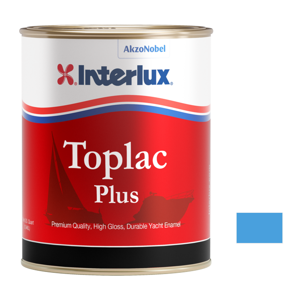Interlux Toplac Plus quart packaging with official YLK898 Bondi Blue color swatch