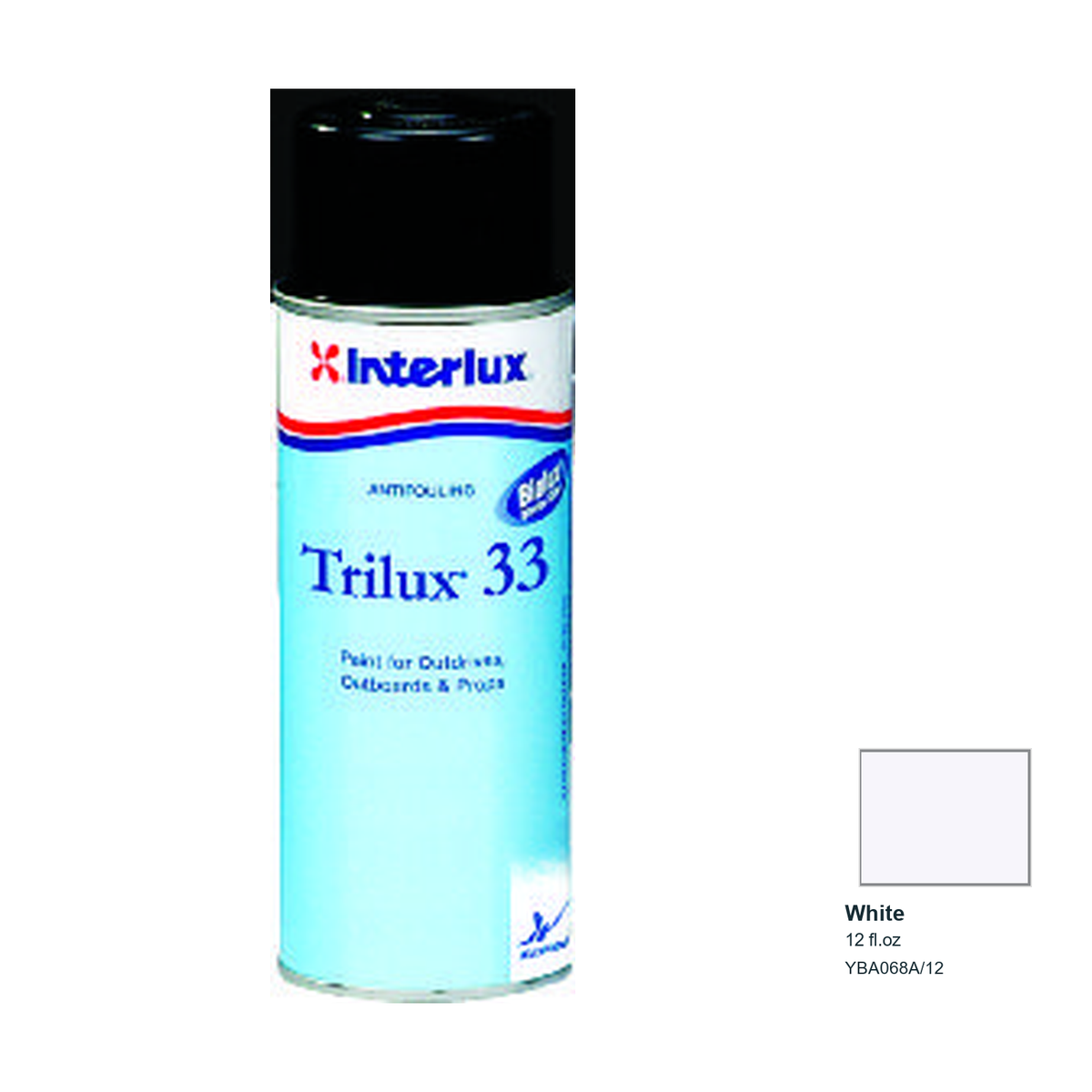 Interlux Trilux 33 Aerosol Antifouling Bottom Paint — White — 12 fl.oz — YBA068A/12; manufacturer can illustration with original manufacturer color swatch