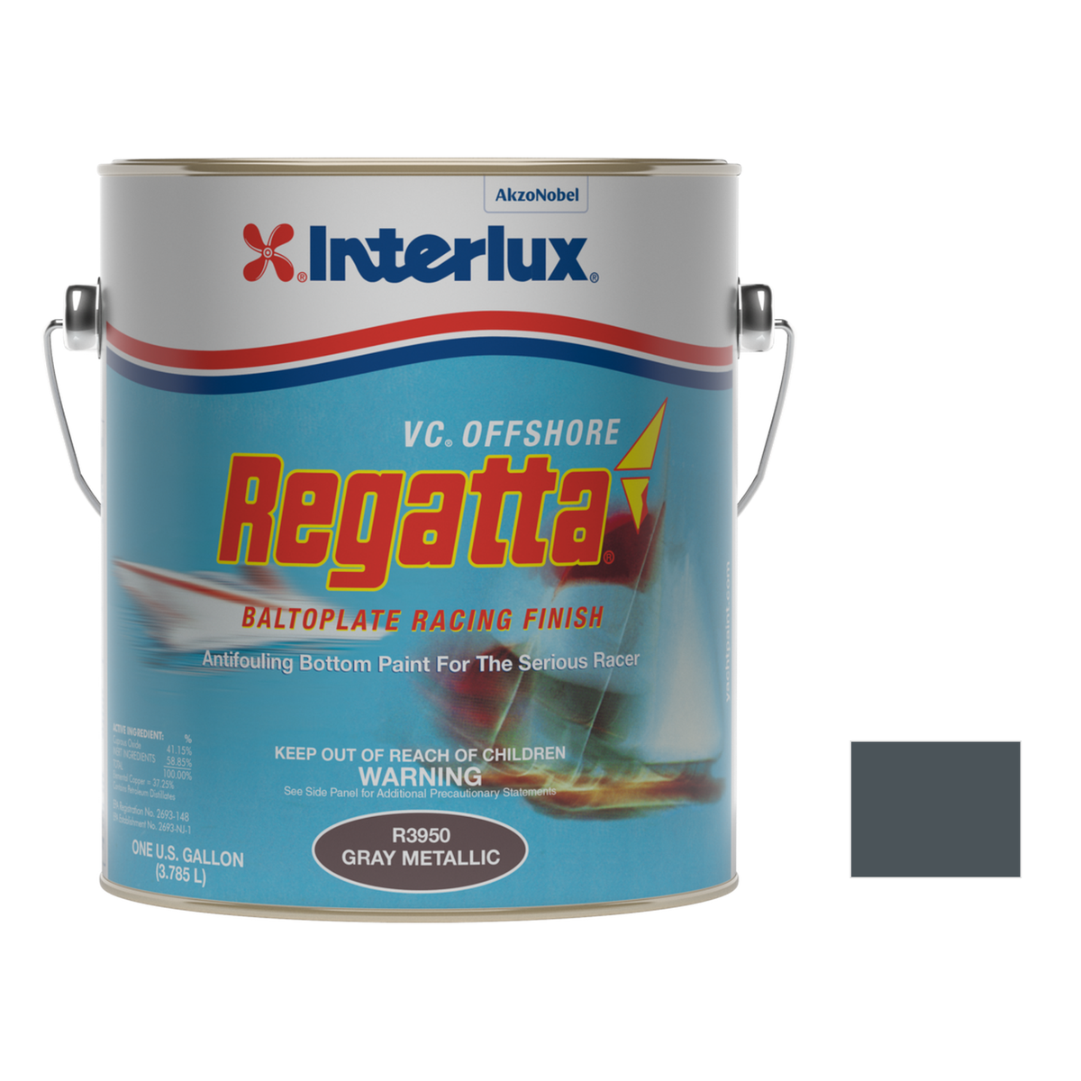 Interlux vc offshore regatta baltoplate representative 1 Gallon packaging with manufacturer R3950 Metallic Gray swatch