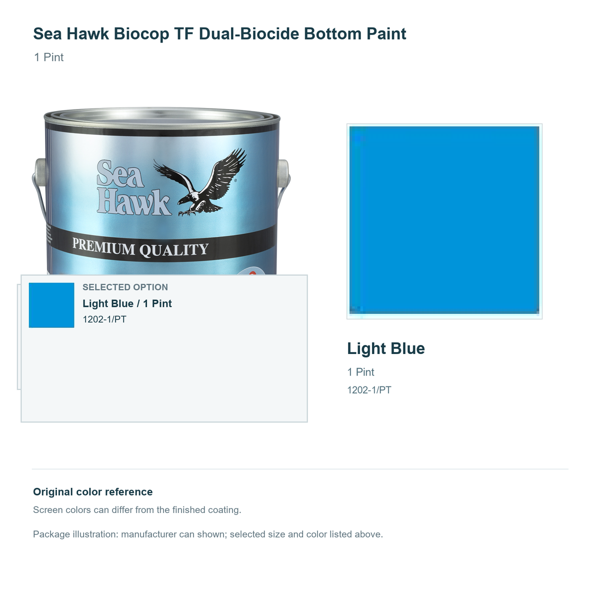 Sea Hawk Biocop TF Dual-Biocide Bottom Paint - 1 Pint - Light Blue - manufacturer can illustration with selected-option panel and original swatch