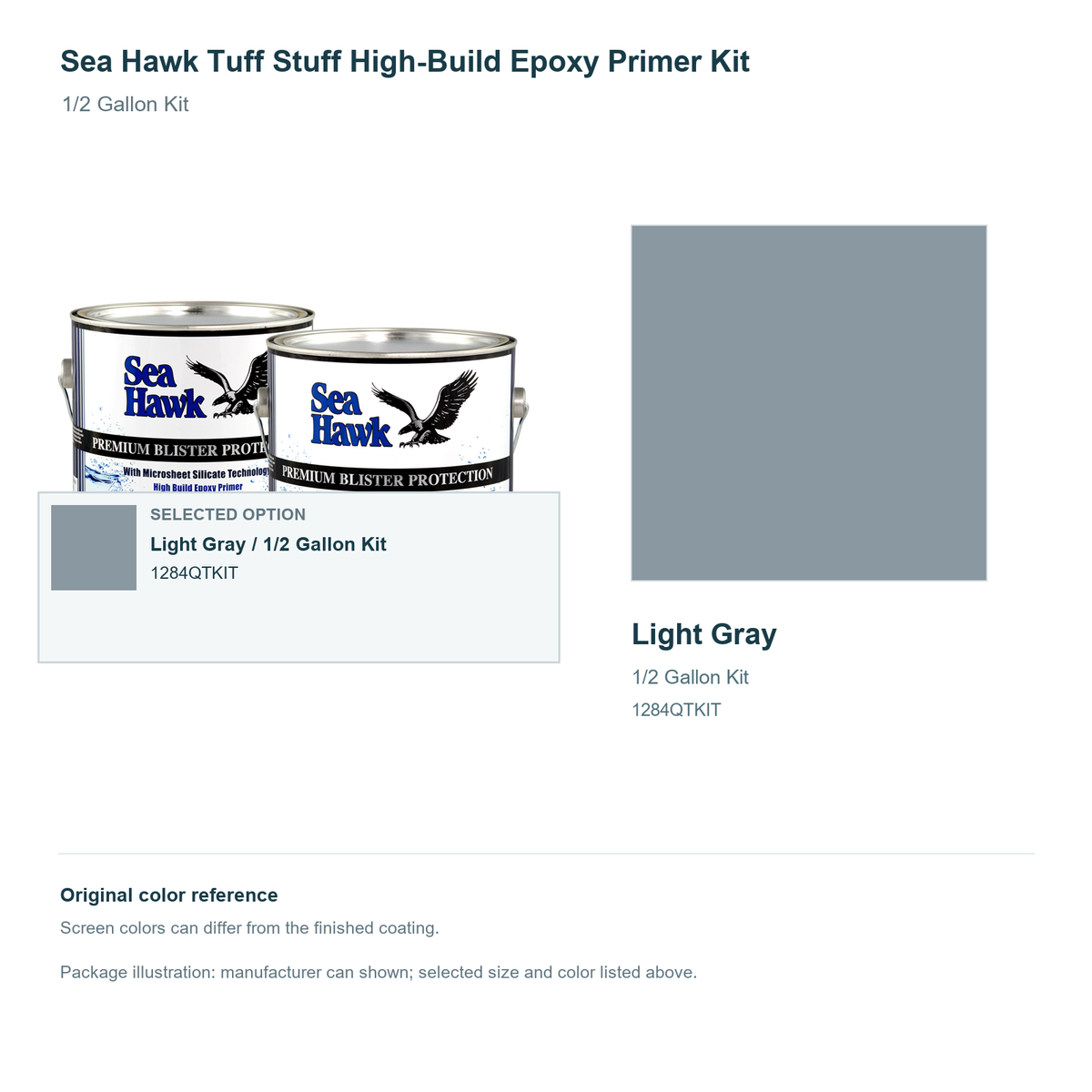 Sea Hawk Tuff Stuff High-Build Epoxy Primer Kit - 1/2 Gallon Kit - Light Gray - manufacturer can illustration with selected-option panel and original swatch