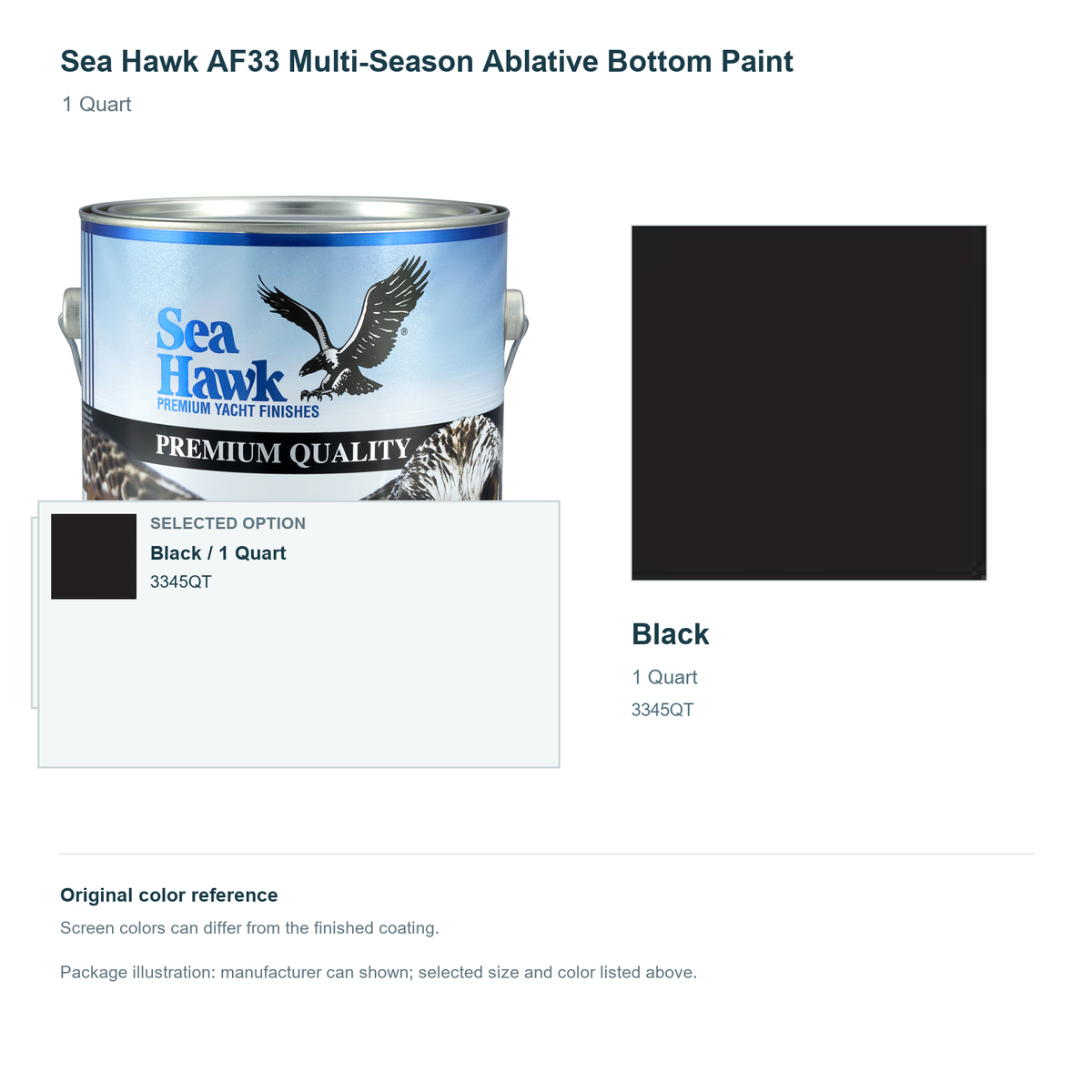 Sea Hawk AF33 Multi-Season Ablative Bottom Paint - 1 Quart - Black - manufacturer can illustration with selected-option panel and original swatch