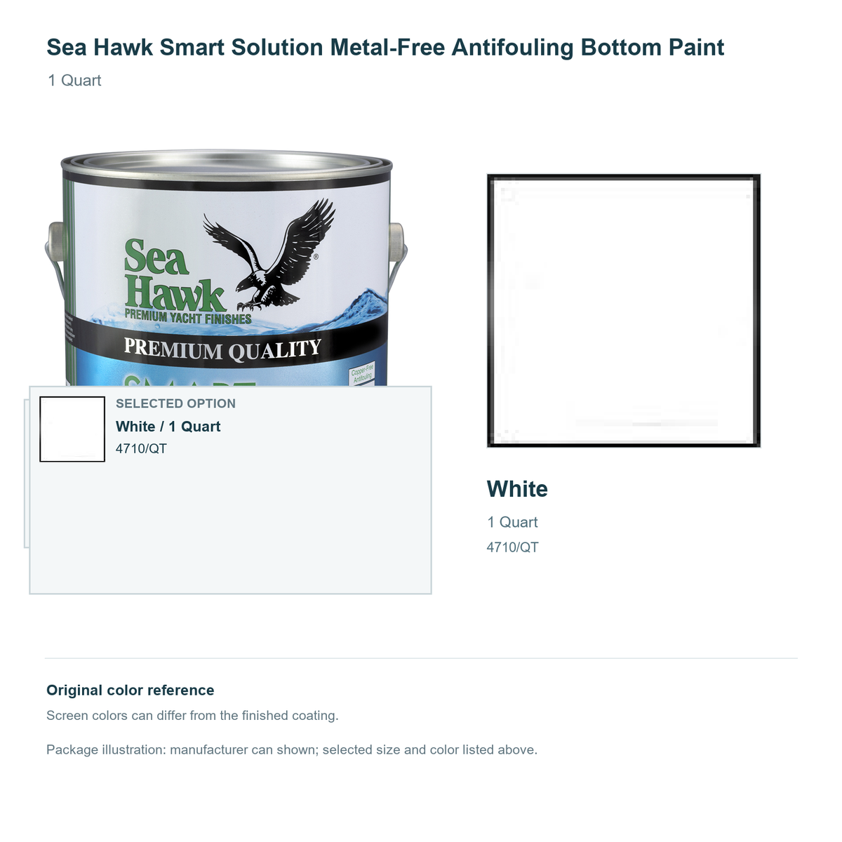 Sea Hawk Smart Solution Metal-Free Antifouling Bottom Paint - 1 Quart - White - manufacturer can illustration with selected-option panel and original swatch