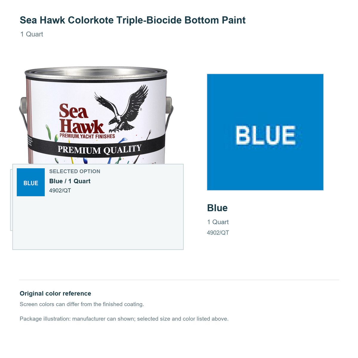 Sea Hawk Colorkote Triple-Biocide Bottom Paint - 1 Quart - Blue - manufacturer can illustration with selected-option panel and original swatch