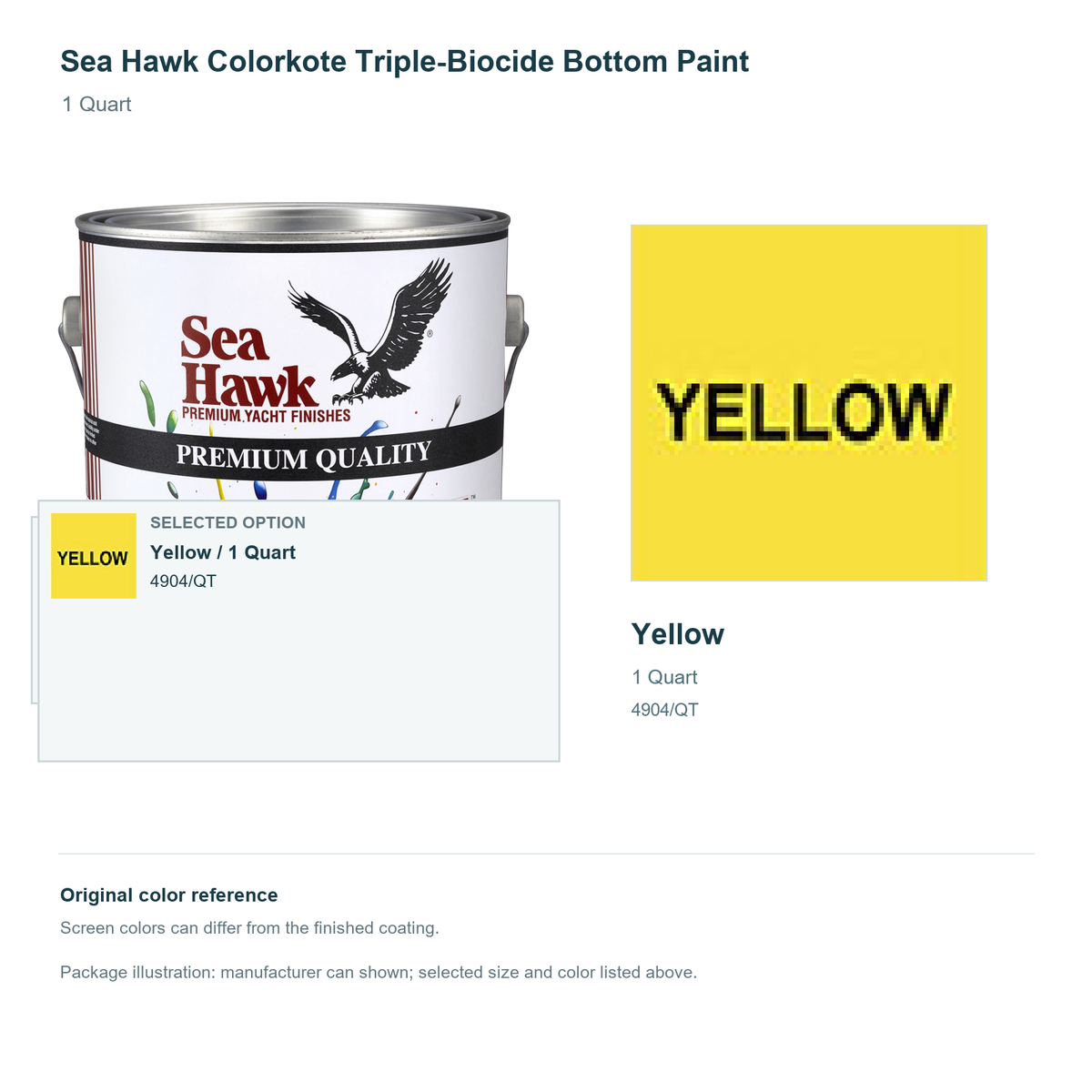 Sea Hawk Colorkote Triple-Biocide Bottom Paint - 1 Quart - Yellow - manufacturer can illustration with selected-option panel and original swatch