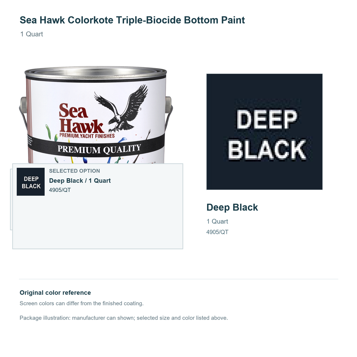 Sea Hawk Colorkote Triple-Biocide Bottom Paint - 1 Quart - Deep Black - manufacturer can illustration with selected-option panel and original swatch