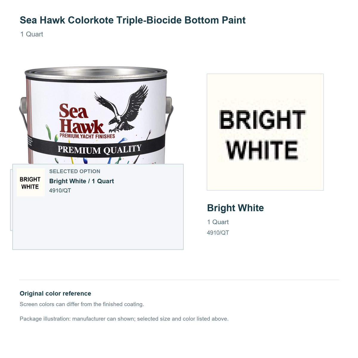 Sea Hawk Colorkote Triple-Biocide Bottom Paint - 1 Quart - Bright White - manufacturer can illustration with selected-option panel and original swatch