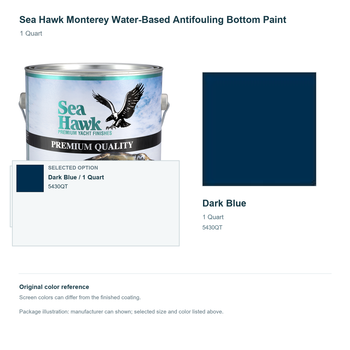 Sea Hawk Monterey Water-Based Antifouling Bottom Paint - 1 Quart - Dark Blue - manufacturer can illustration with selected-option panel and original swatch
