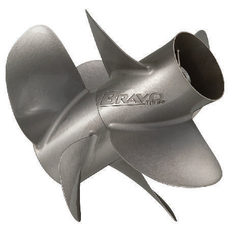 Original Quicksilver Bravo Three four-blade front and three-blade rear propeller pair.
