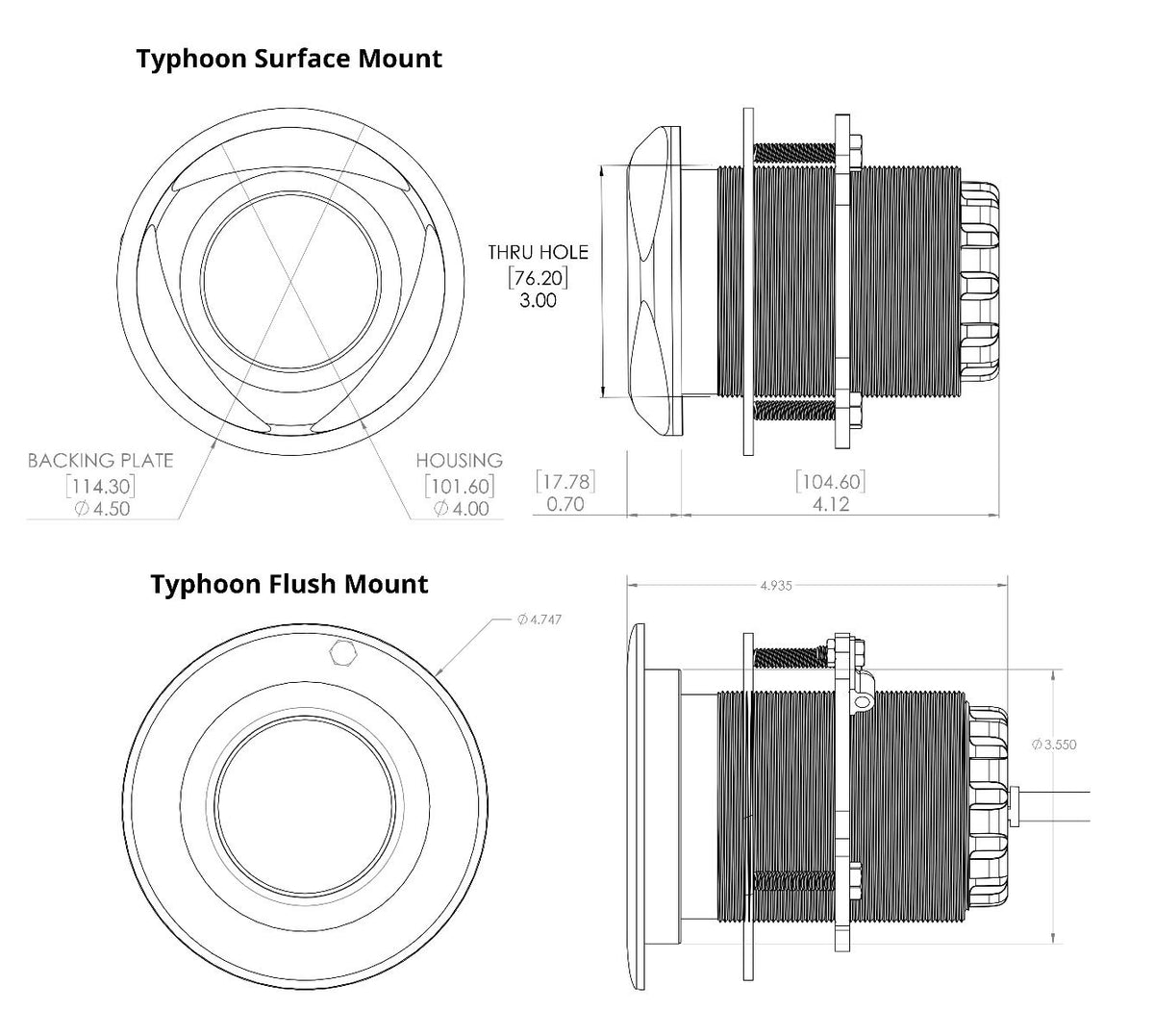SeaBlaze Typhoon Through-Hull Underwater Light — manufacturer dimensional drawing