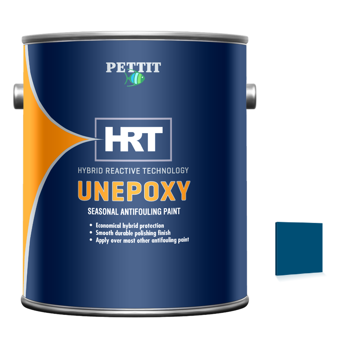 Pettit Unepoxy HRT packaging with official Blue color swatch