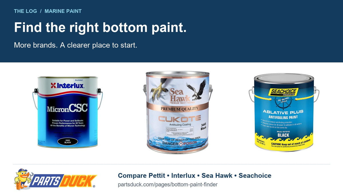 PartsDuck Bottom Paint Finder guide with Interlux Micron CSC, Sea Hawk Cukote, and Seachoice Ablative Plus cans.