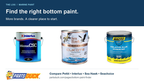 PartsDuck Bottom Paint Finder guide with Interlux Micron CSC, Sea Hawk Cukote, and Seachoice Ablative Plus cans.