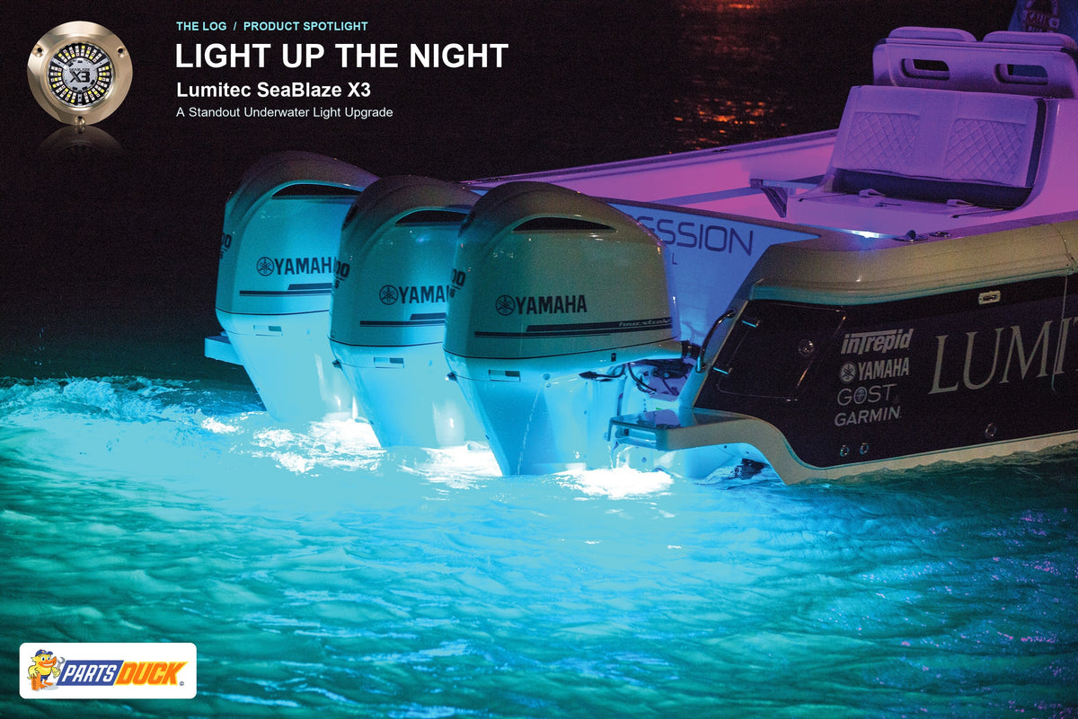SeaBlaze X3 product spotlight over Lumitec nighttime boat photography, with Light Up the Night headline and PartsDuck logo; background installation model unconfirmed.