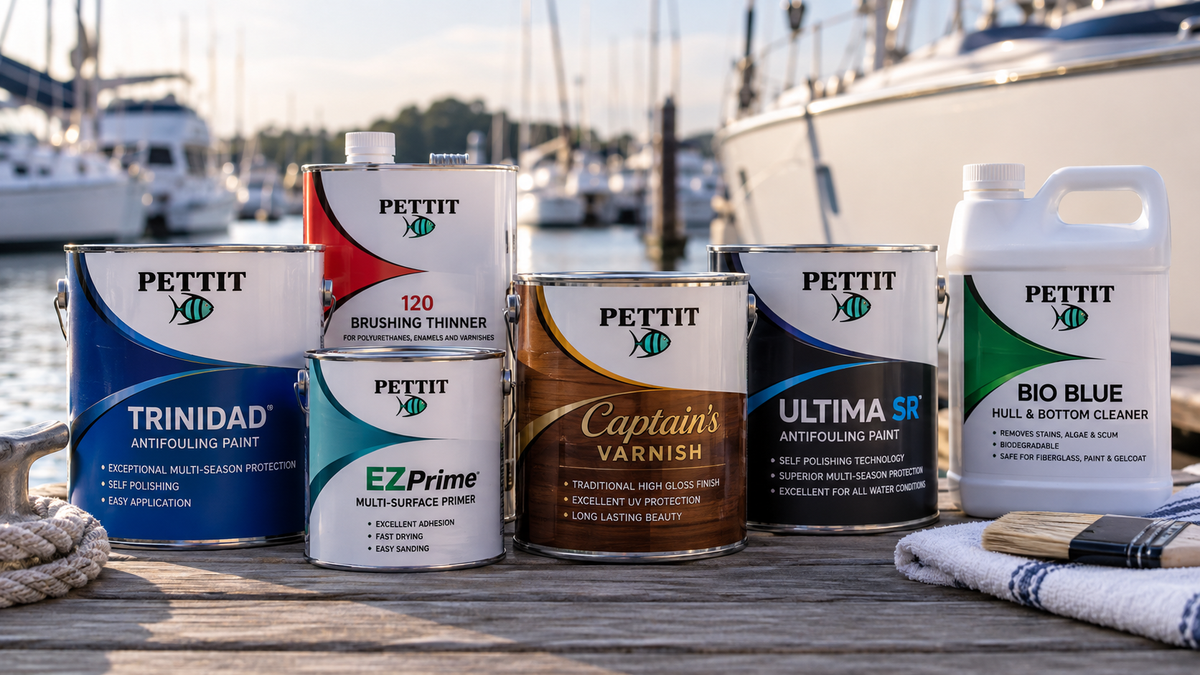 Pettit marine paint, primer, varnish and boat care products at a marina