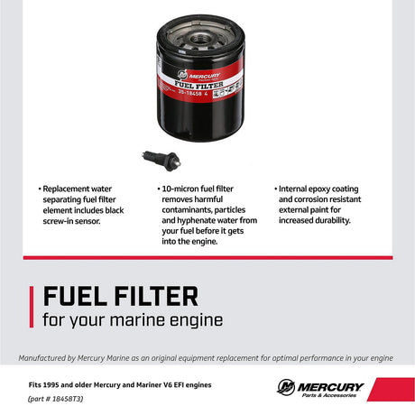 Mercury Water Separating Fuel Filter 18458T3 with Black Sensor for 1995 and Earlier Mercury or Mariner V6 EFI/DFI Outboards