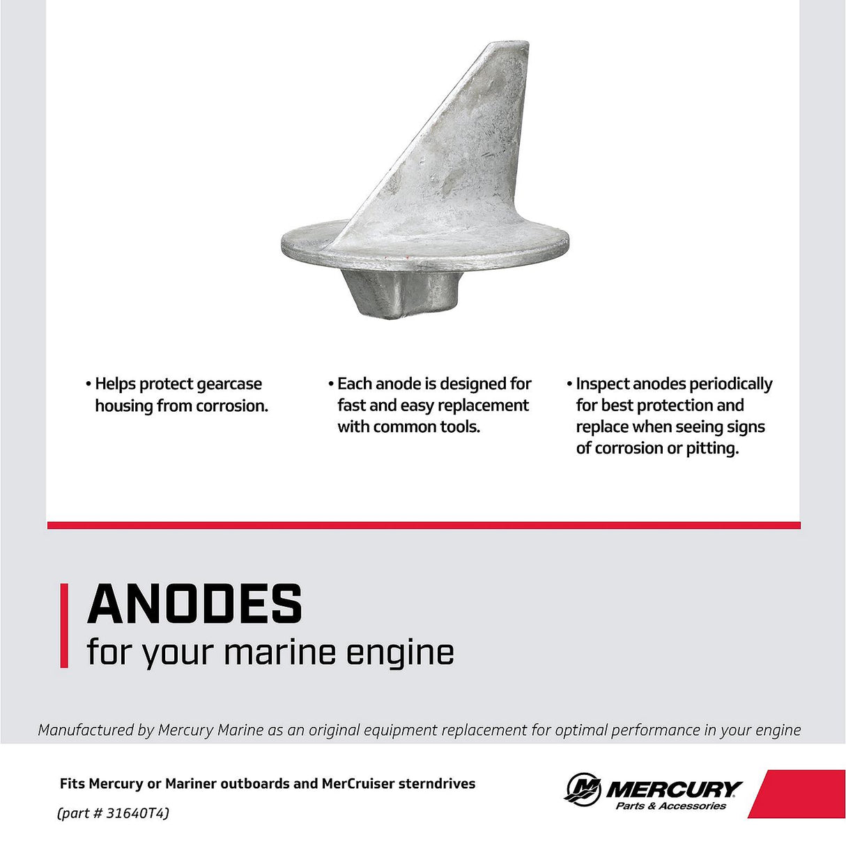 Mercury Replacement Aluminum Anode 31640T4 for Select Mercury/Mariner 30-200hp Outboards and MerCruiser Drives