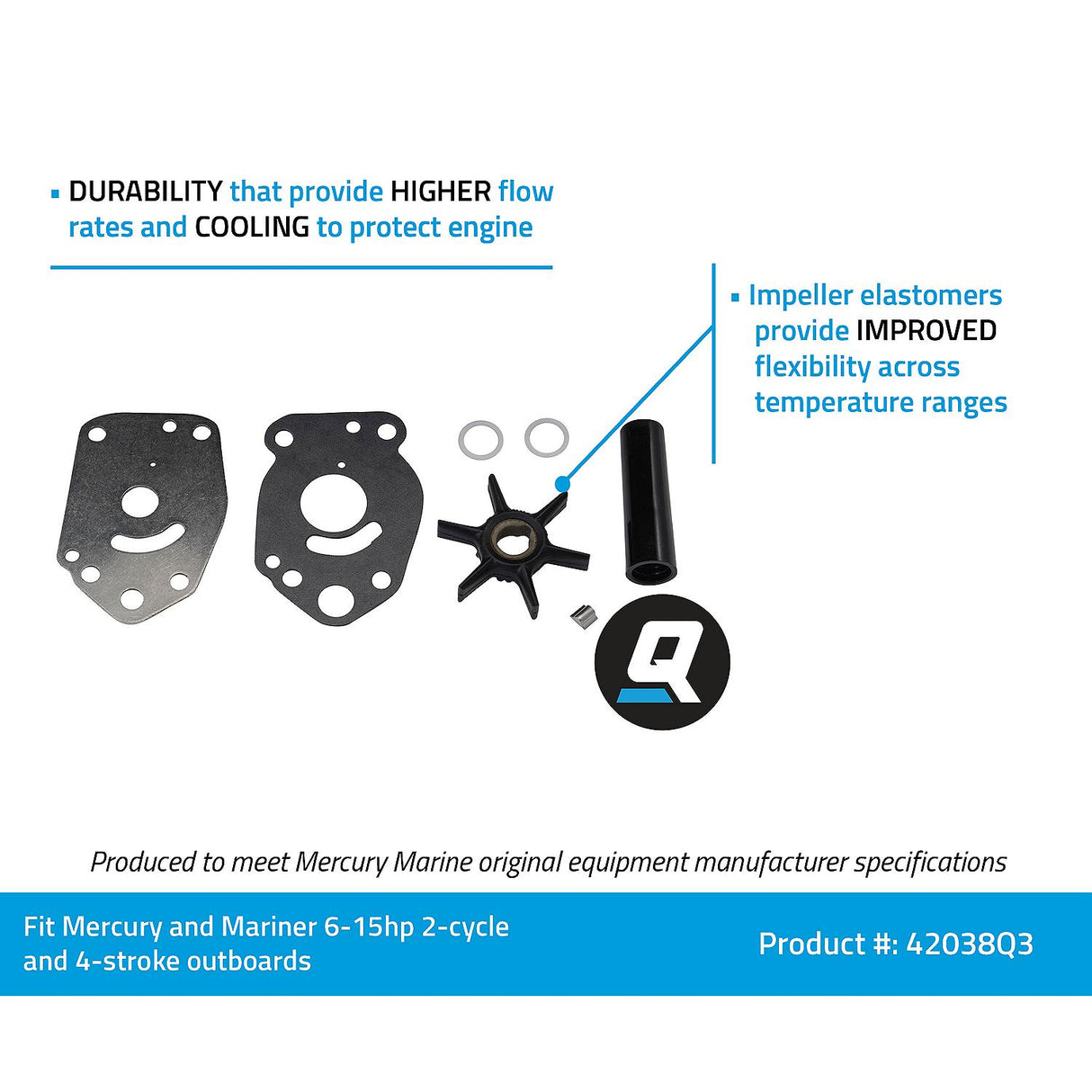 OEM Mercury / Quicksilver 42038Q3 Water Pump Impeller Repair Kit for Select Mercury 6-15hp Outboards