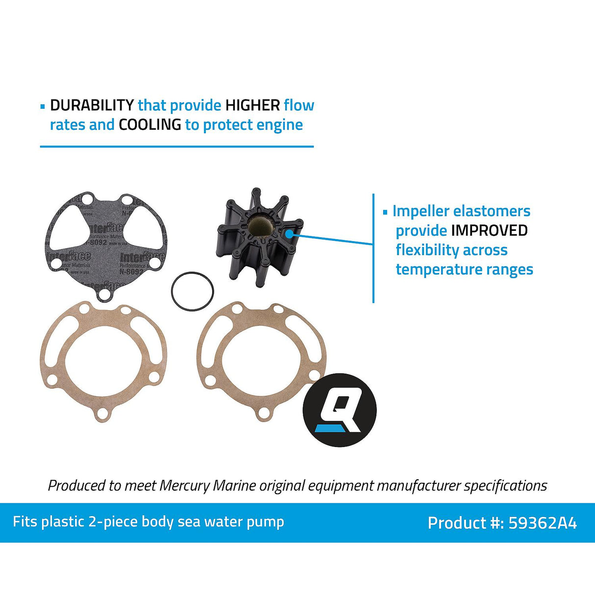 OEM Mercury / Quicksilver 59362A4 Sea Water Pump Impeller Replacement Kit for Bravo I, II and III w/ Two-Piece Pump Body