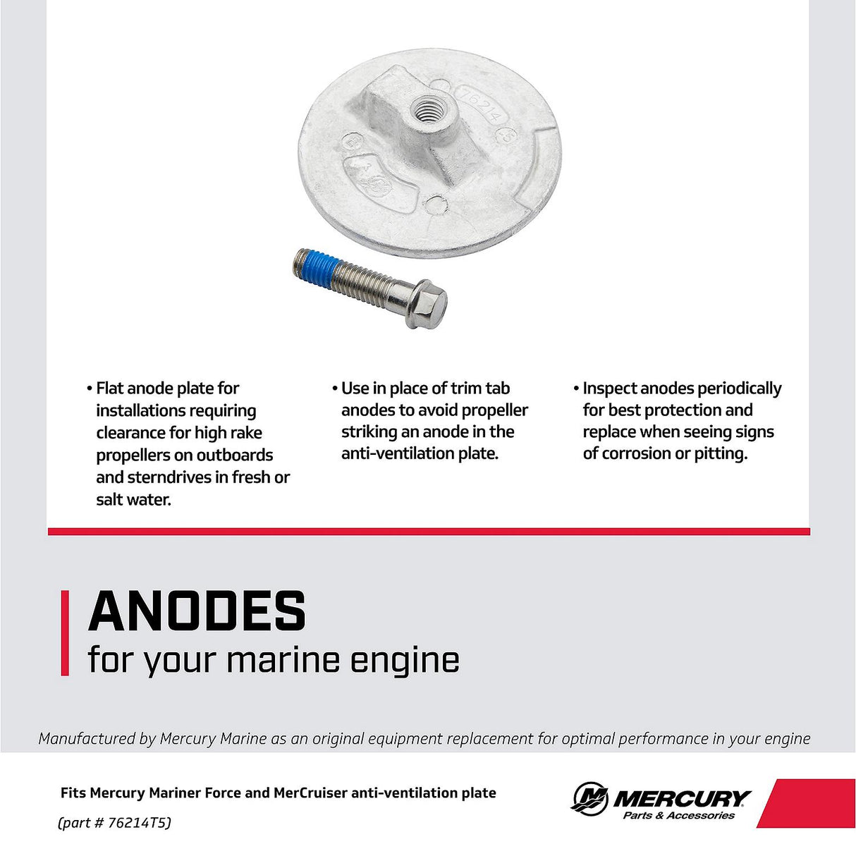 OEM Mercury Aluminum Anode 76214T5 for Mercury and Mariner 35-300hp Outboards and Select Others