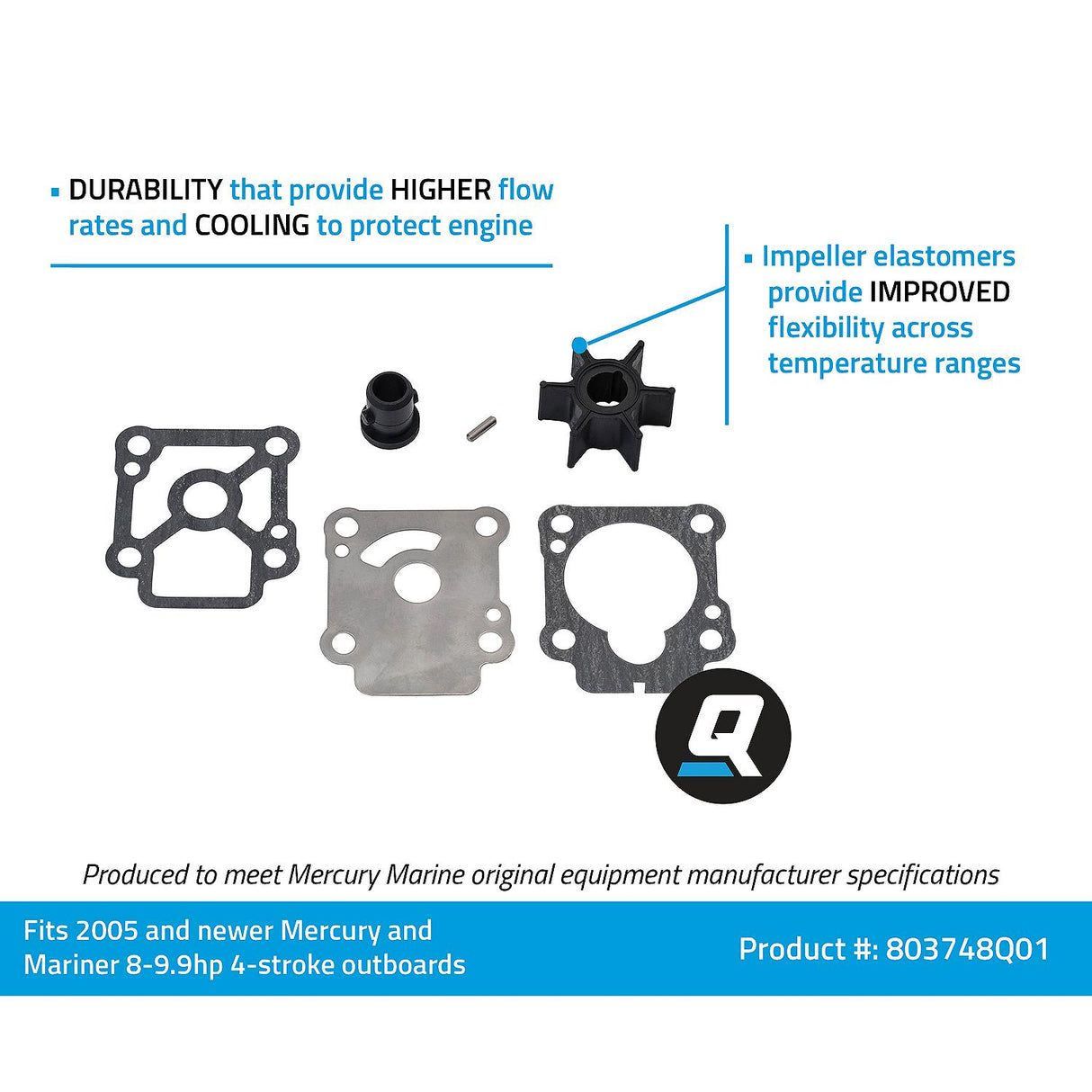 OEM Mercury / Quicksilver 803748Q01 Water Pump Impeller Repair Kit for Mercury and Mariner 8-9.9hp 4-Stroke Outboards