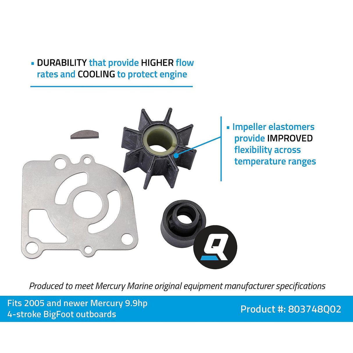 OEM Mercury / Quicksilver 803748Q02 Water Pump Impeller Repair Kit for Mercury 9.9hp 4-Stroke BigFoot Outboards