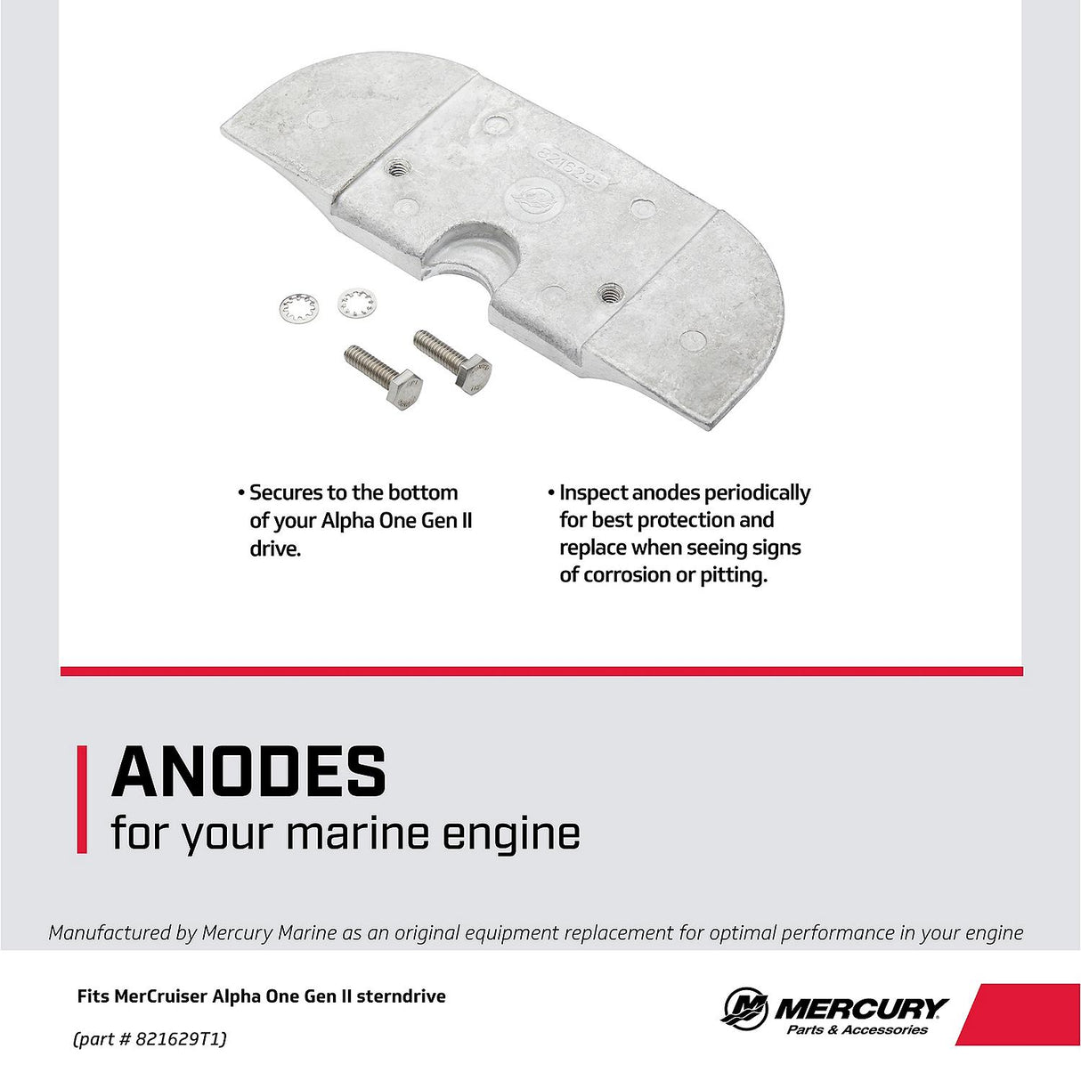 OEM Mercury Aluminum Drive Shaft Housing Anode for MerCruiser Alpha One Gen II Sterndrives 821629T1