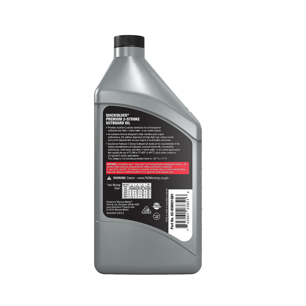 OEM Mercury / Quicksilver 858021Q01 Premium 2-Cycle TC-W3 Oil, Outboards, PWC, Snowmobiles, Motorcycles and Chainsaws, 1 Qt.