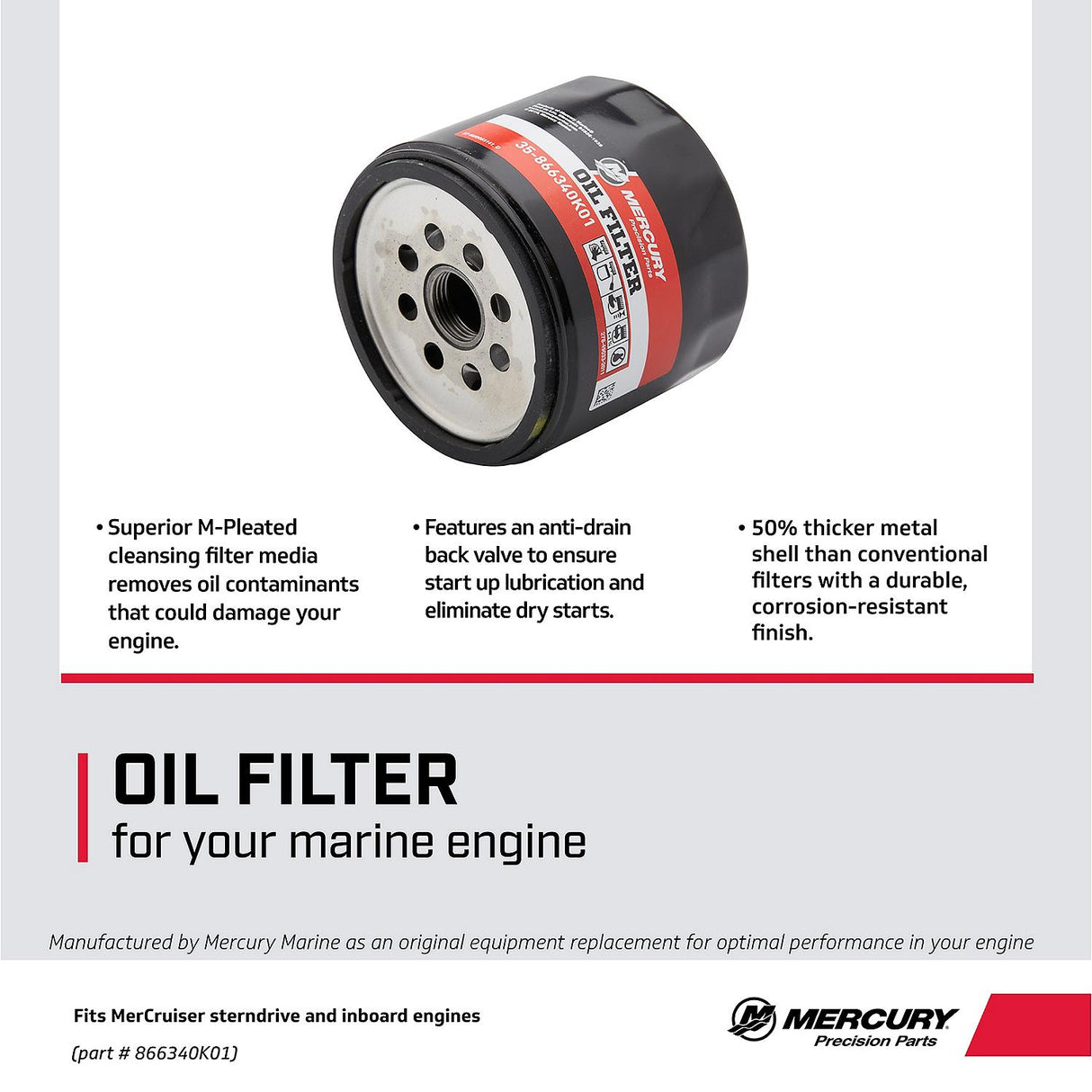 Mercury Oil Filter 866340K01 for MerCruiser Sterndrive and Inboard engines