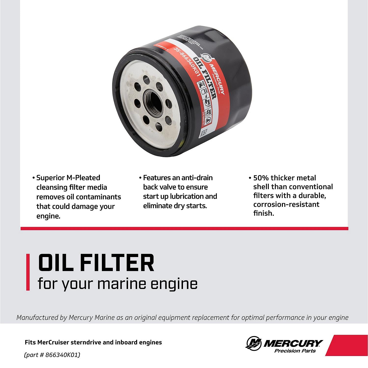 Mercury Oil Filter 866340K01 for MerCruiser Sterndrive and Inboard engines