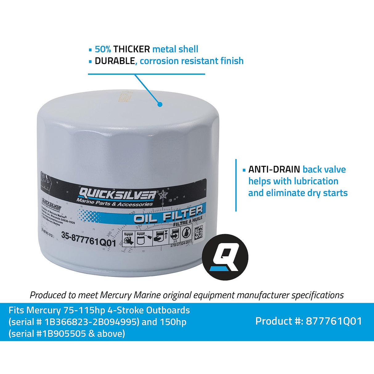 OEM Mercury / Quicksilver 877761Q01 Oil Filter for Select Mercury and Mariner 75-115hp Outboards and 150hp EFI 4-Stroke Outboards