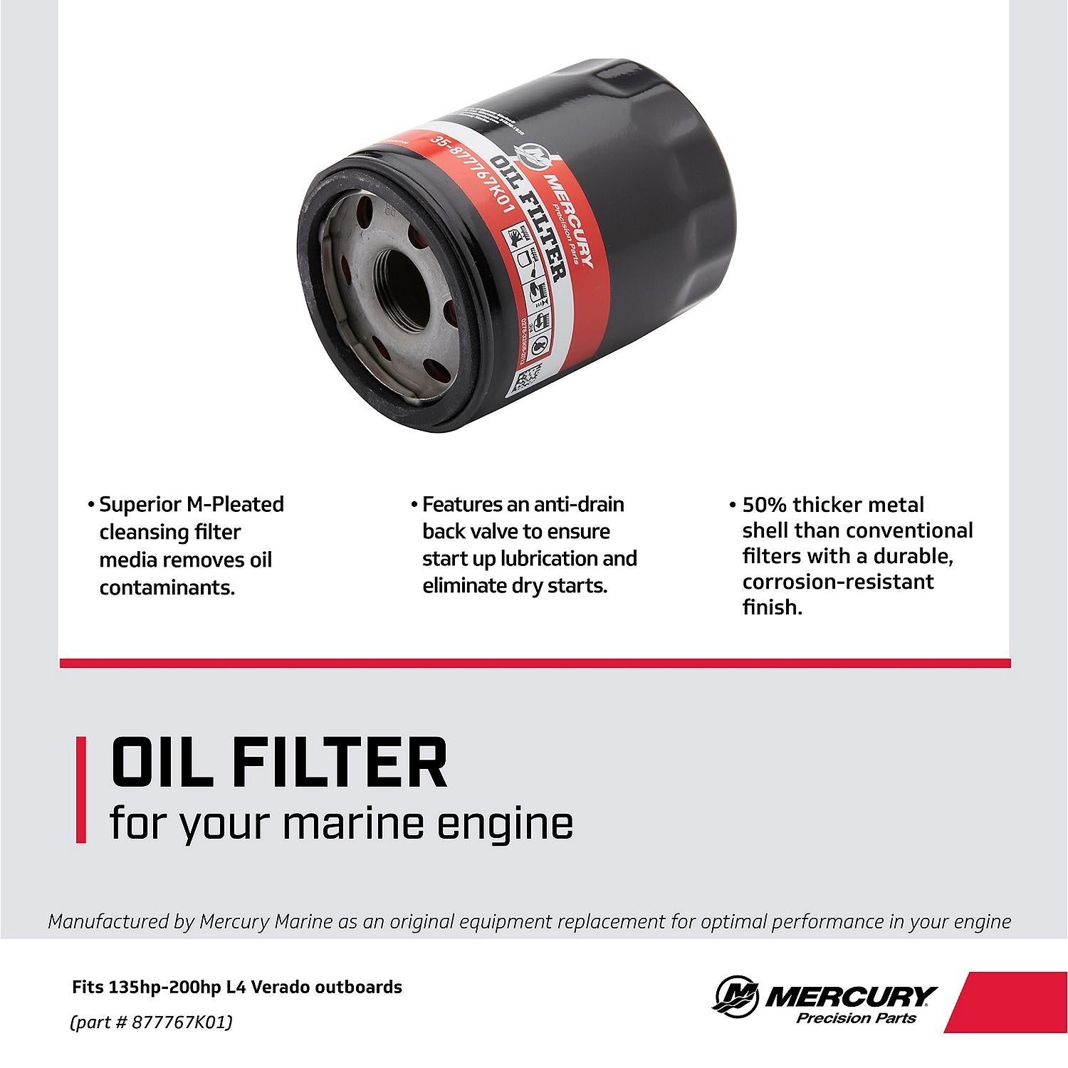 Mercury 4-Stroke Engine Oil Filter 877767K01 for Mercury L4 135-200hp Verado Outboards
