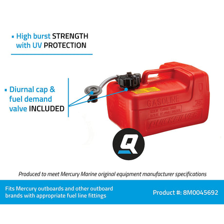 OEM Mercury / Quicksilver 8M0045692 Portable Marine Boat Fuel Tank w/ Fuel Demand Valve, 3.2 Gallon Capacity