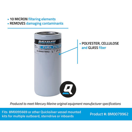 OEM Quicksilver 8M0079962 High-Capacity Marine Fuel Filter Element — 10 Micron — manufacturer product information graphic
