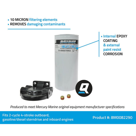 OEM Quicksilver 8M0082290 High-Capacity Marine Fuel Filter Kit — 10 Micron — manufacturer product information graphic