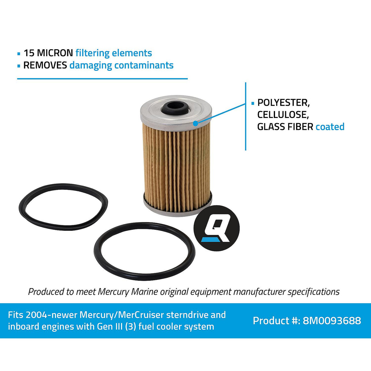 OEM Mercury / Quicksilver 8M0093688 Water Separating Fuel Filter for MerCruiser Engines w/ Gen III Fuel Cooler
