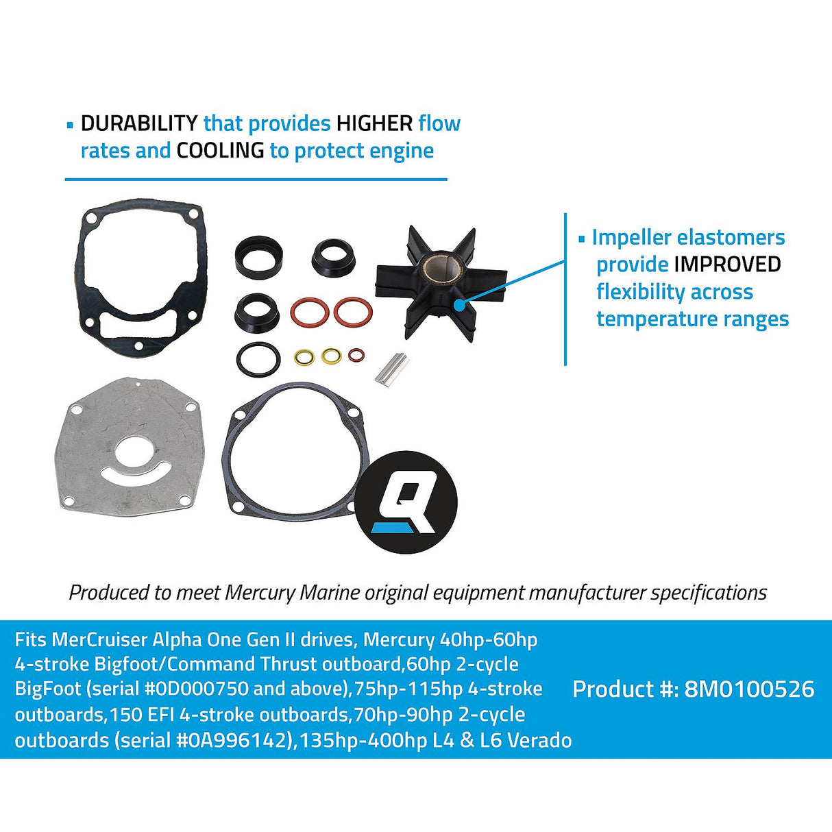 OEM Mercury / Quicksilver 8M0100526 Water Pump Repair Kit for Mercury or Mariner Outboards and MerCruiser Sterndrives