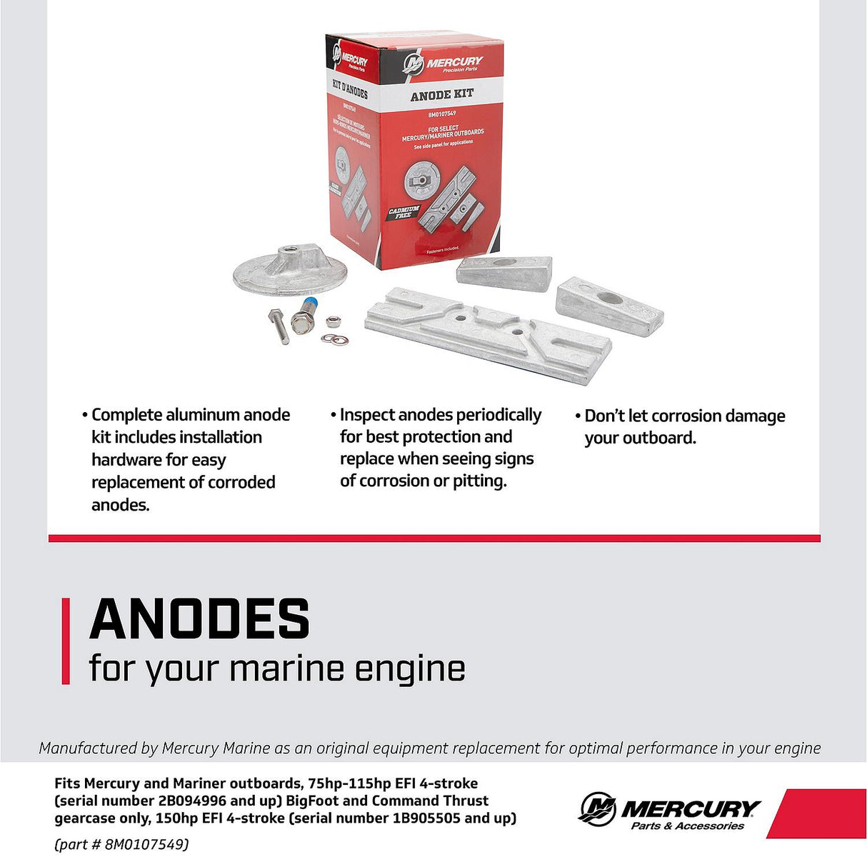 Mercury Aluminum Anode Kit 8M0107549 for Select Mercury and Mariner 75-150hp FourStroke Outboards