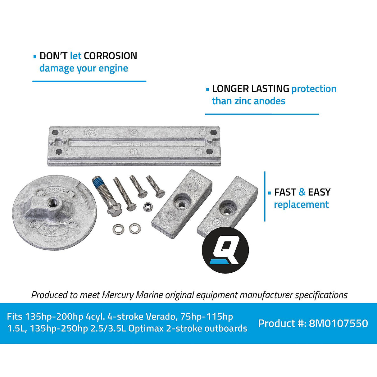 OEM Mercury / Quicksilver 8M0107550 Aluminum Anode Kit for Mercury Verado and OptiMax Outboards