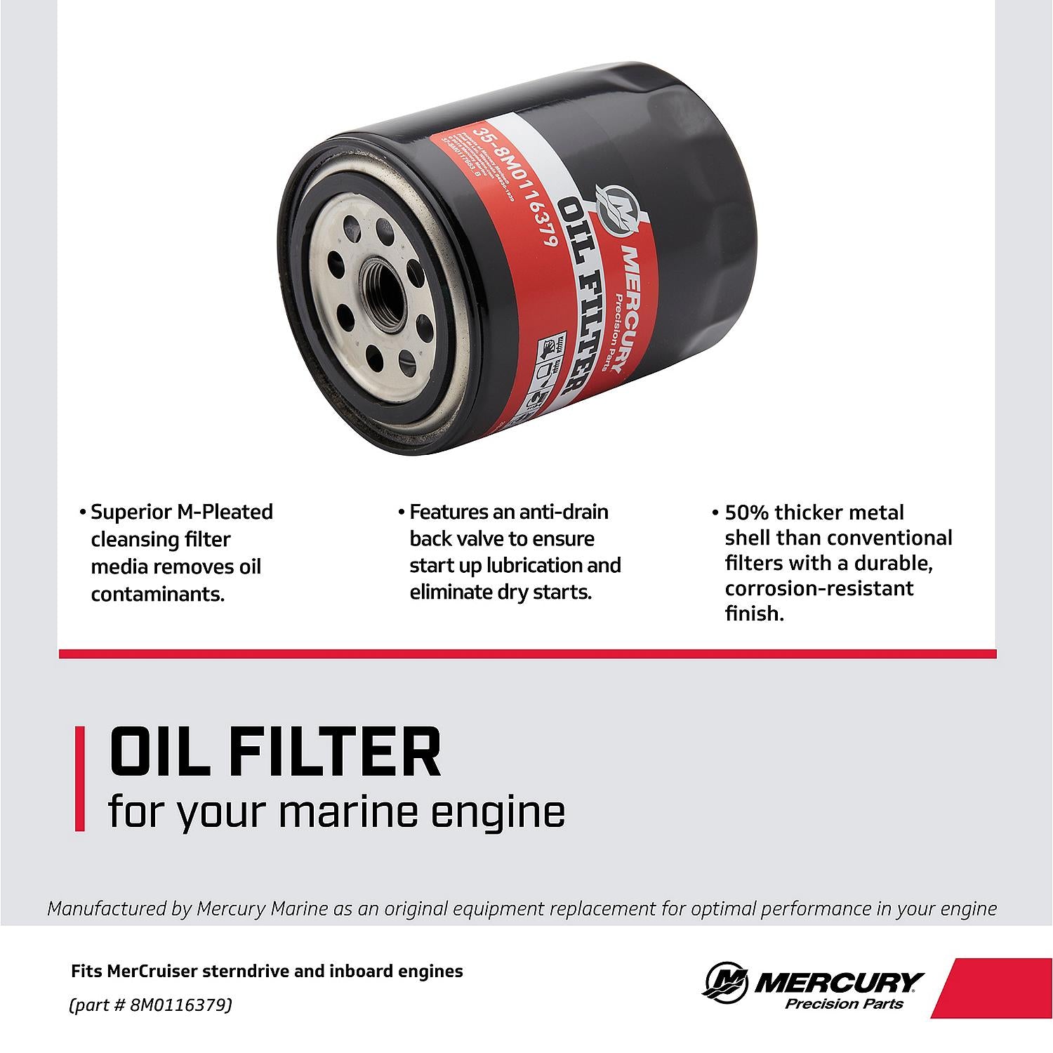 Mercury Oil Filter 8M0116379 for MerCruiser Sterndrive and Inboard Engines by Ford