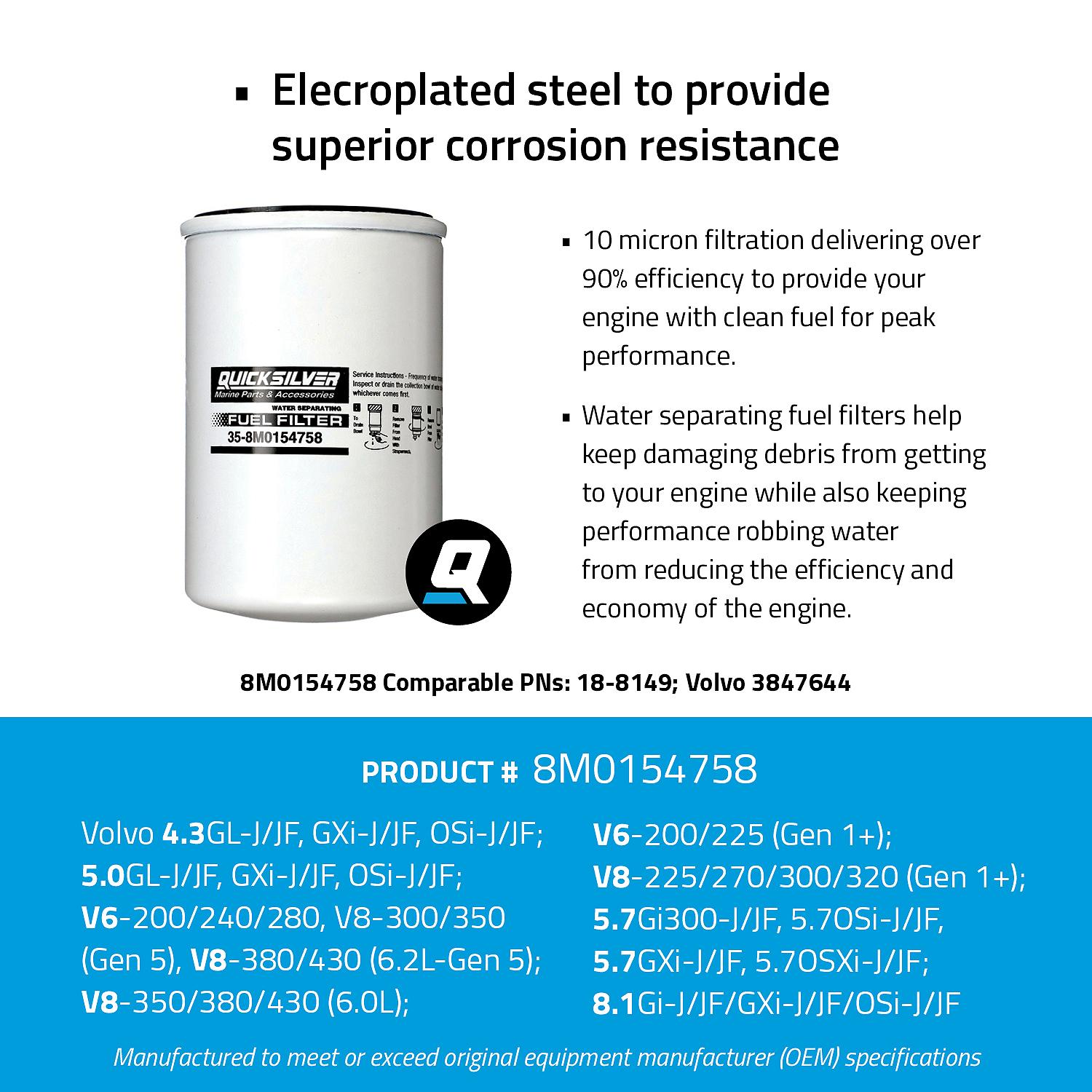 OEM Mercury / Quicksilver 8M0154758 Water Separating Fuel Filter for Various Marine Engines